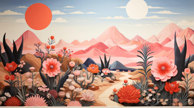 粉色的花朵和藍(lán)色的山脈景觀插圖