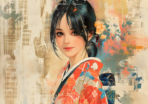 身穿和服的年輕女子，美麗的臉龐和溫柔的微笑