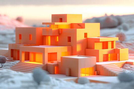 幾何設(shè)計(jì)的現(xiàn)代住宅的 3D 渲染圖