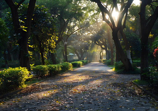 公園里樹木間的小路上的陽光