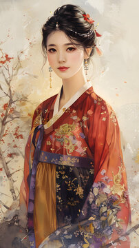 身穿韓國傳統(tǒng)服飾的年輕女子肖像