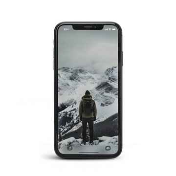 男子站在雪山頂峰，手里拿著一臺(tái)手機(jī)