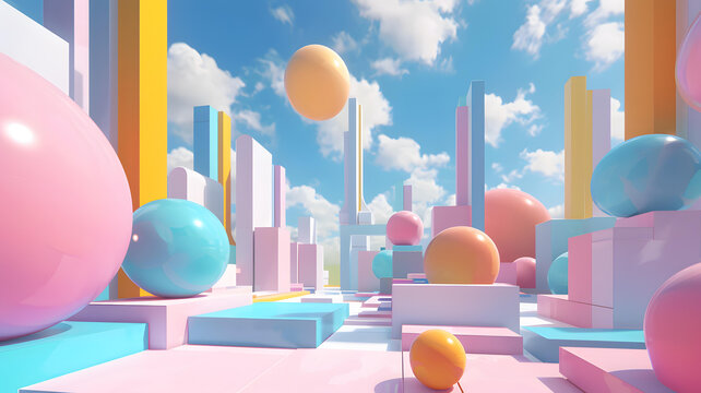 天空背景下的抽象彩色3D幾何圖形