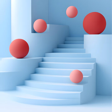 藍(lán)色和紅色簡約風(fēng)格的樓梯3D渲染