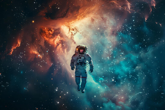 身穿白色宇航服的宇航員在五彩繽紛的星云中