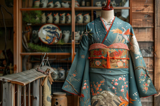 一件繡有花卉和鳳凰圖案的和服，展示在傳統(tǒng)的日式房屋中