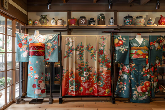 身穿花卉圖案和服的日本藝伎