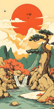 日出山川瀑布日式風(fēng)景