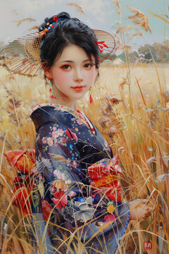 一個身穿和服的亞洲女子站在一片高高的草地里。