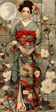 身穿印有花卉圖案和服、系有紅色腰帶的日本女性插圖，手持一把扇子