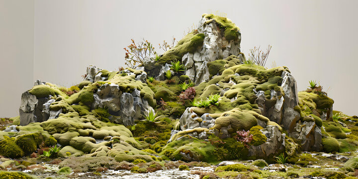 苔蘚覆蓋的巖石山脈景觀