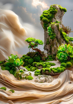 綠苔巖石形成與沙漠景觀中的小樹(shù)
