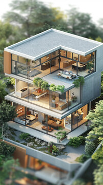 現(xiàn)代三層住宅開放式平面圖自然采光充足
