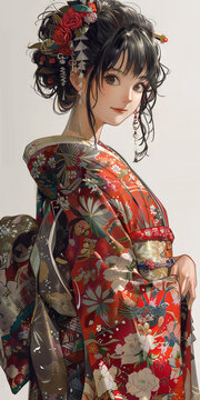 一個身穿紅色和服的日本藝伎