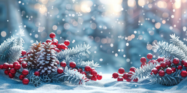 松果紅漿果和冬青在雪地上的特寫背景虛化