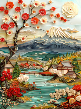 富士山下盛開的櫻花和房屋