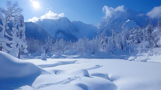 白雪皚皚的山脈和樹木在遠處，白雪皚皚的樹木和雪地上在前