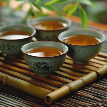 竹葉背景下竹制托盤上的四只陶瓷茶杯