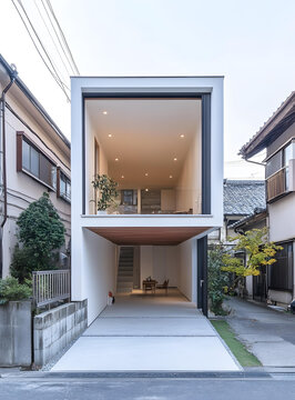 簡約現(xiàn)代風格住宅建筑，白色外墻和大型窗戶