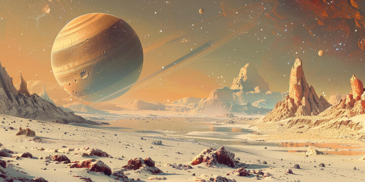 巨大的衛(wèi)星和雙太陽的沙漠行星插圖