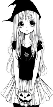 穿著巫師服裝的女孩手持南瓜的黑白
