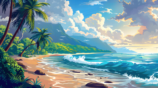 海灘風景，棕櫚樹和山脈