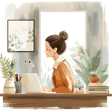 坐在窗邊工作的女人的
