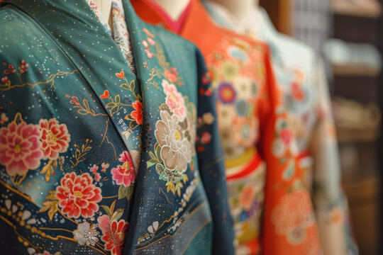 一件帶花卉圖案的和服的特寫