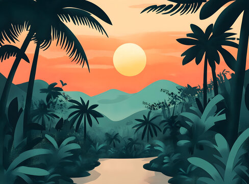 熱帶棕櫚樹山脈日落風(fēng)景