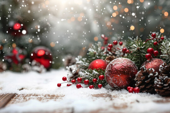紅色和白色圣誕飾品在白雪皚皚的木桌上