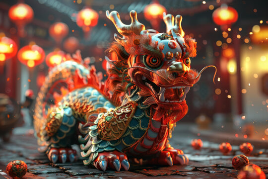 金碧輝煌的龍在石板街上背景虛化了紅燈籠
