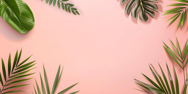 粉色背景上的熱帶綠色葉子