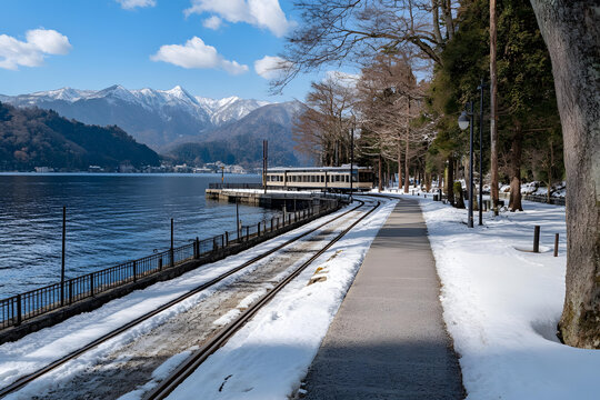 日本雪山湖邊火車(chē)軌道風(fēng)景