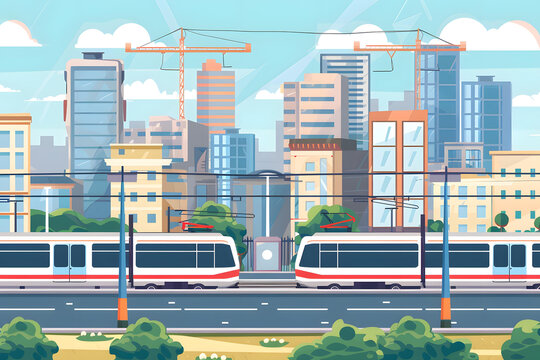 現(xiàn)代城市景觀，火車與建筑起重機(jī)