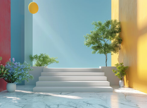 超現(xiàn)實(shí)多彩房間的3D渲染，帶講臺(tái)和樹