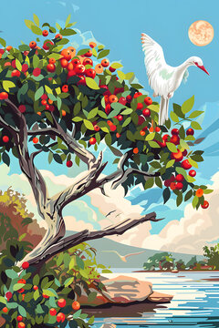 紅果樹枝上的白鳥