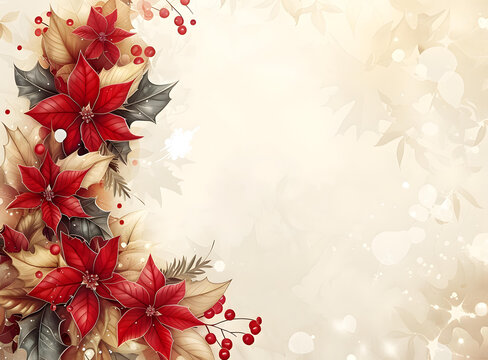 紅色圣誕花與綠色葉子在米色背景上的插圖