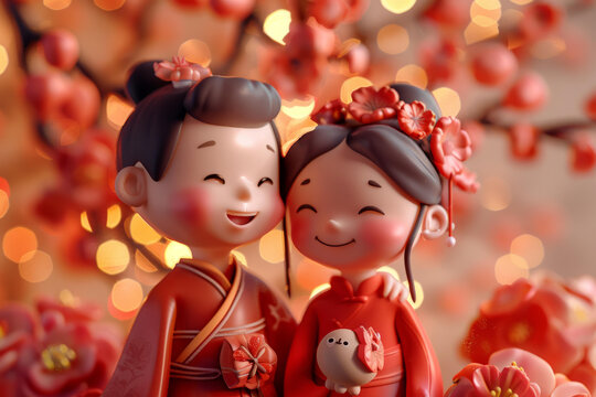 一對(duì)穿著中國(guó)傳統(tǒng)服飾的幸福夫婦