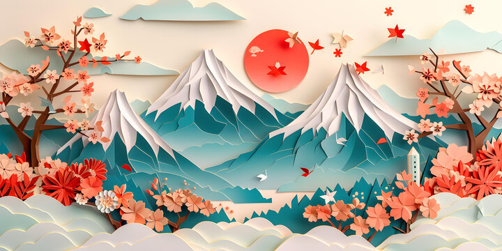 紙藝櫻花山峰風(fēng)景