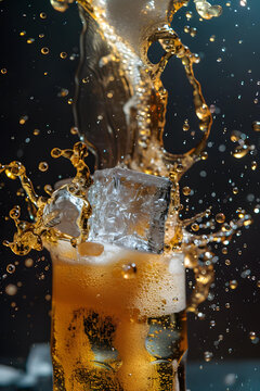 冰塊掉入啤酒杯中濺起水花特寫