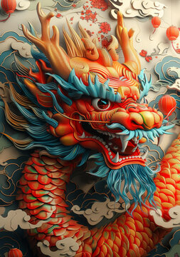 瑞獸祥龍圖騰浮雕壁畫