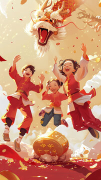 三個(gè)快樂(lè)的孩子在慶祝中國(guó)新年時(shí)跳了起來(lái)