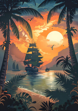 熱帶海灘日落帆船風(fēng)景