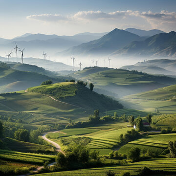 連綿起伏的綠色山丘和風(fēng)力發(fā)電機(jī)