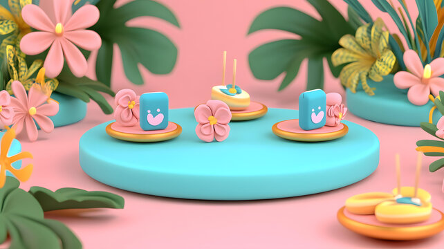 3D渲染花卉背景 藍色正方形和粉色花朵