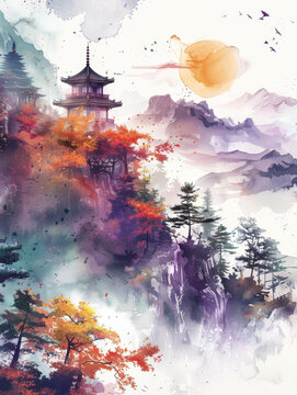水彩畫的山峰與寶塔和太陽