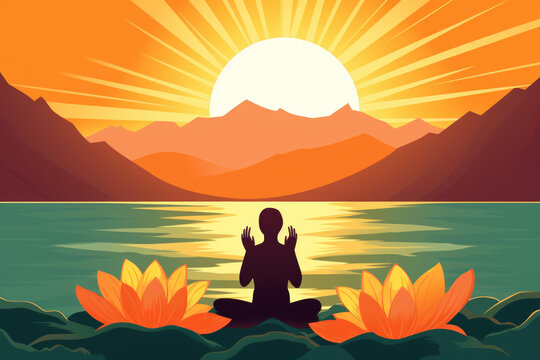 人在寧靜的湖邊打坐背景是山脈