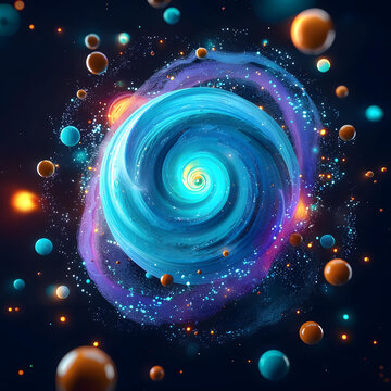 藍色和橙色的抽象漩渦，周圍環(huán)繞著星星