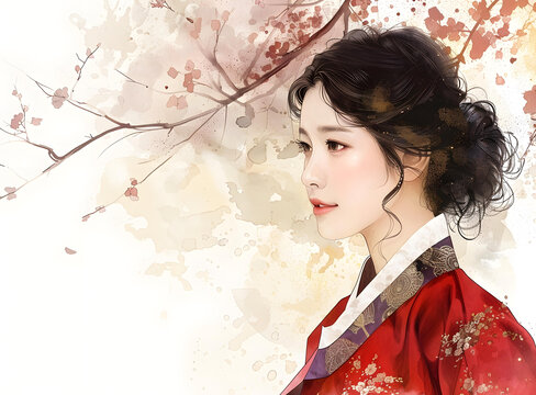身穿傳統(tǒng)服飾的美麗韓國女子站在花叢中。