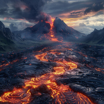 火山爆發(fā)時熔巖從山坡上流下